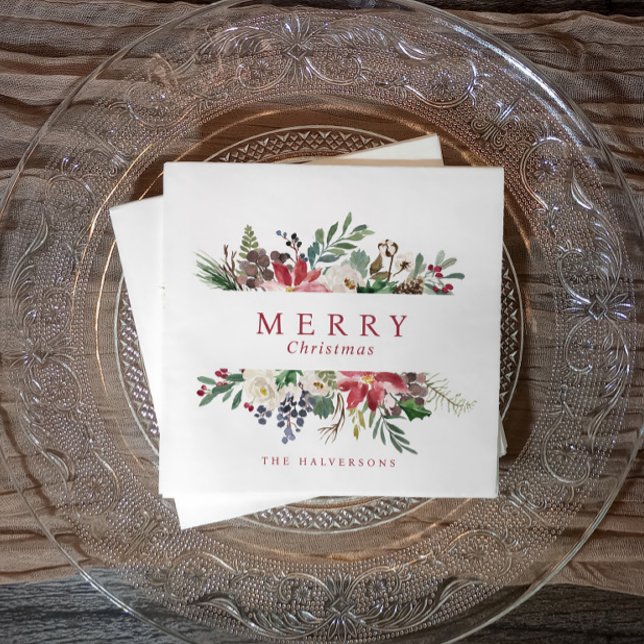 Weihnachtsgebäck Party Wasserfarbengrün Poinsettia Serviette (Festive watercolor Christmas party napkins - office holiday party decor)