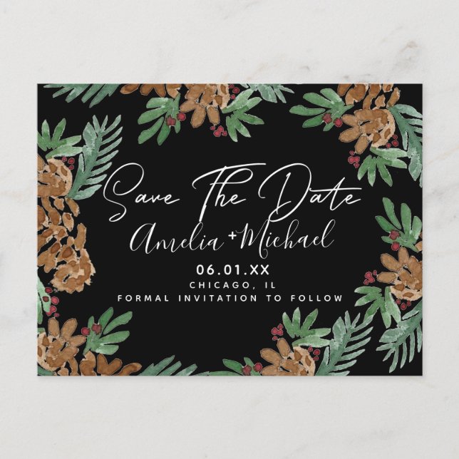 Weihnachtsgebäck Pinecones Save the Date schwarz Postkarte (Vorderseite)
