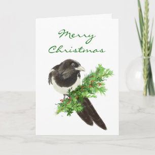 Weihnachtsgebirge Magpie Bird auf Kiefernzweig Feiertagskarte
