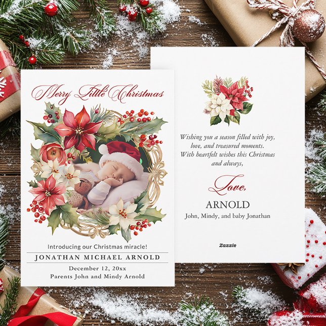 Weihnachtsgeburt Ankündigung Poinsettia Foto (Elegant poinsettias baby birth announcement Christmas greeting card)