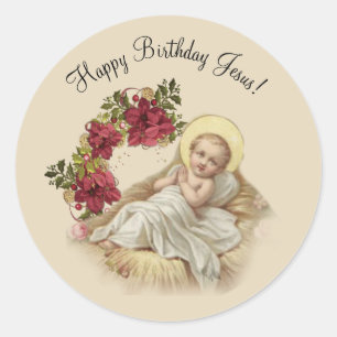 WeihnachtsGeburt Christis-Baby Jesus mit Blumen Runder Aufkleber