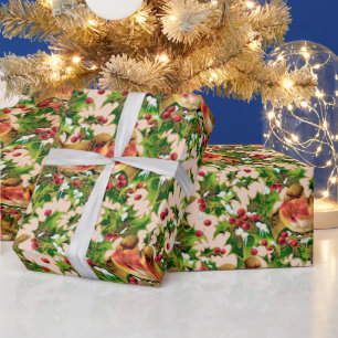 Weihnachtsgeburten Holly Imitate Gold Muster Geschenkpapier