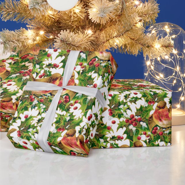 Weihnachtsgeburten Holly Imitate Gold Muster Geschenkpapier (Feiertage)