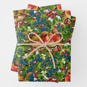Weihnachtsgeburten Holly Imitate Gold Muster Geschenkpapier Set