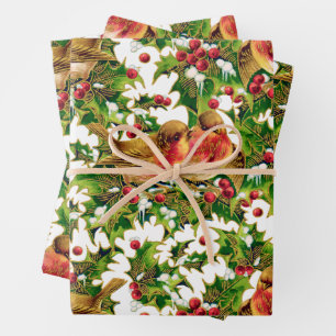 Weihnachtsgeburten Holly Imitate Gold Muster Geschenkpapier Set