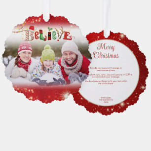 Weihnachtsgeist BELIEVE Foto Jahr Rot Ornament Karte