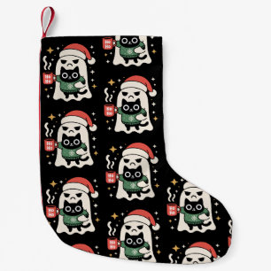 Weihnachtsgeist hält Katze mit Weihnachtsmannhut K Kleiner Weihnachtsstrumpf