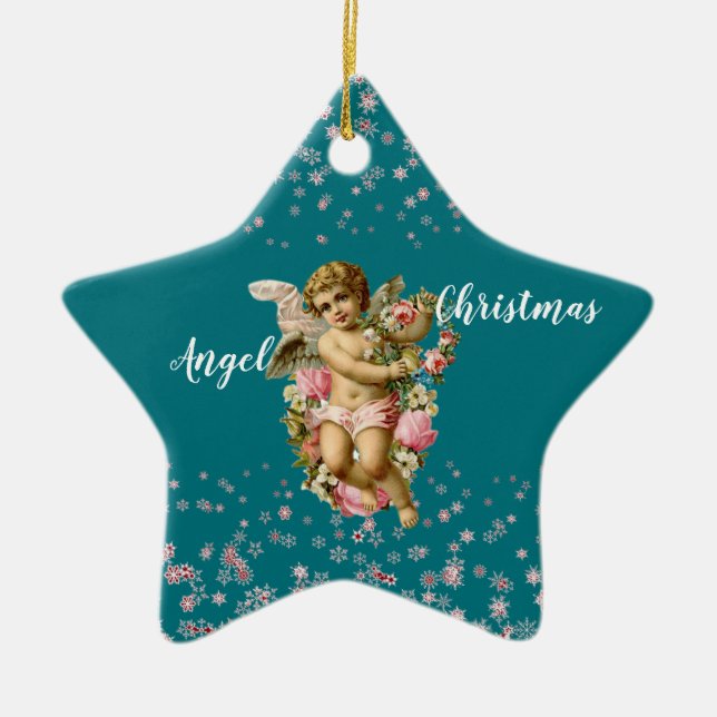 Weihnachtsgel des Kindes in Blue Snowflakes Star Keramik Ornament (Vorne)
