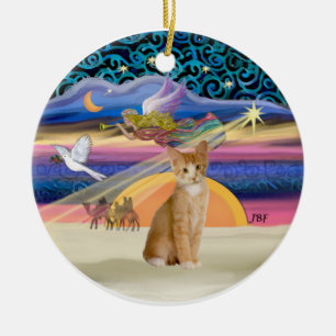 Weihnachtsgel - Orange - weiße Tabbykatze 40 Keramik Ornament