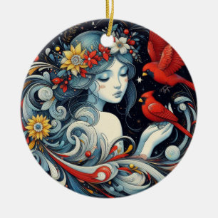 Weihnachtsgel und Kardinäle Keramik Ornament