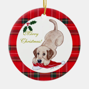 Weihnachtsgelbe Labrador-Welpe-Weihnachtsmannmütze Keramik Ornament