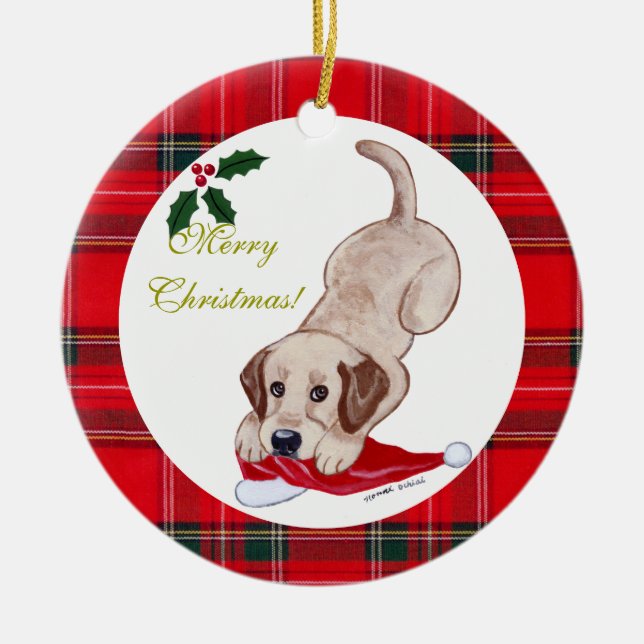 Weihnachtsgelbe Labrador-Welpe-Weihnachtsmannmütze Keramik Ornament (Vorne)