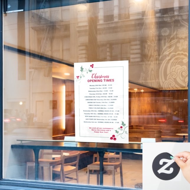 Weihnachtsgeschäftliche Öffnungszeiten, grüner Rot Fensteraufkleber (Café-Fenster)
