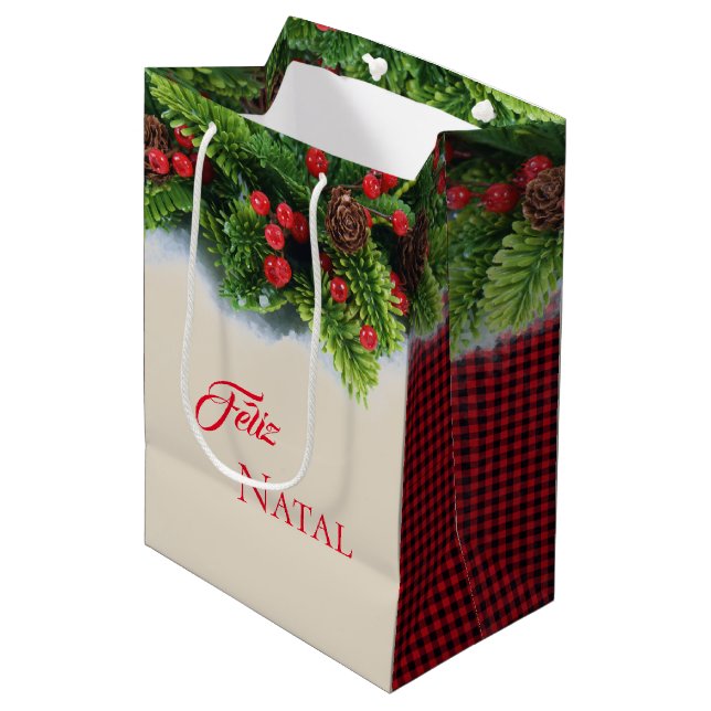 Weihnachtsgeschenk Bag-Evergreen Feliz Natal Mittlere Geschenktüte (Vorderseite Schrägansicht)