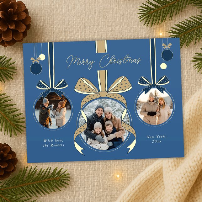 Weihnachtsgeschenk Ball Ball Band Drei Fotos Postkarte (elegant ribbons, bows and ball balls photo collage Christmas postcards in blue and beige)
