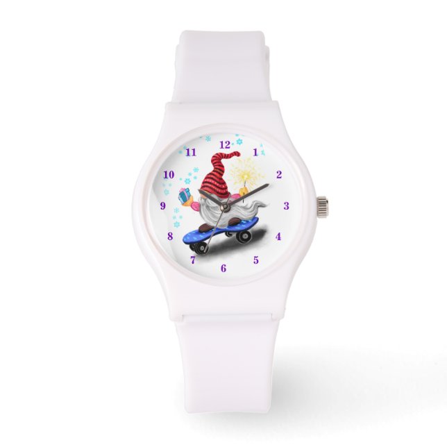Weihnachtsgeschenk Happy Skater Gnome mit Geschenk Armbanduhr (Vorderseite)