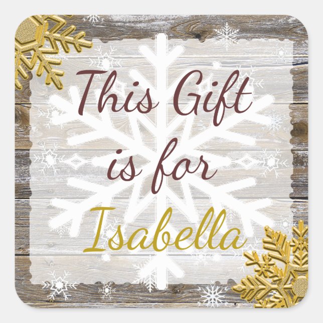 Weihnachtsgeschenk Holz Gold Schneeflocken Geschen Quadratischer Aufkleber (Vorderseite)