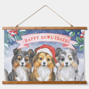 Weihnachtsgeschenk im Wasserfarben Happy Howlidays Wandteppich Mit Holzrahmen