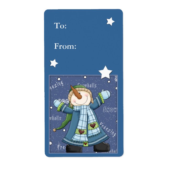 Weihnachtsgeschenk-Label mit Schneemann und Sterne (Vorne)