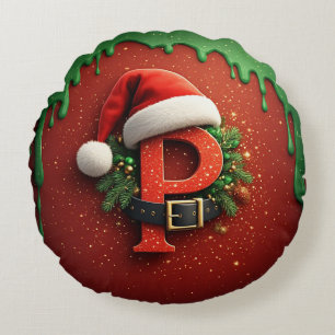 Weihnachtsgeschenk Monogramm P mit Santa Hut Rundes Kissen
