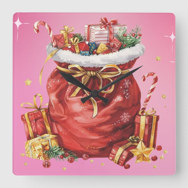 Weihnachtsgeschenk Sack mit Geschenken Quadratische Wanduhr (Vorderseite)