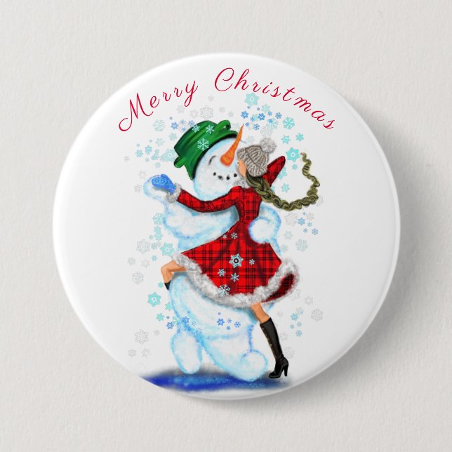Weihnachtsgeschenk Snowman und Girl Dance Button (Vorderseite)