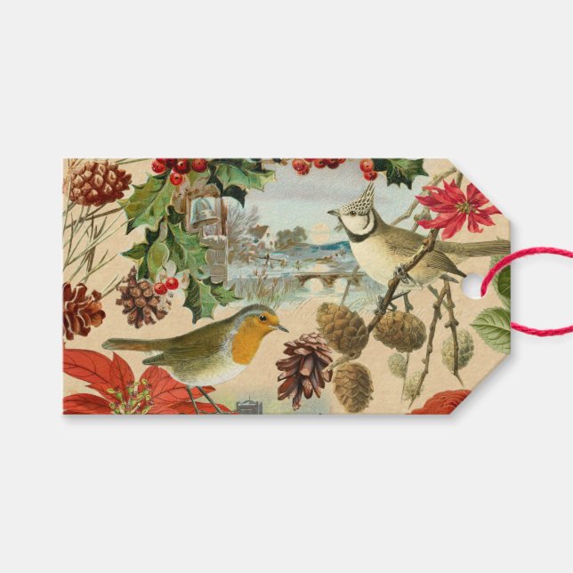 Weihnachtsgeschenk-Tags mit Vögeln und Blume Geschenkanhänger (Vorderseite (Horizontal))