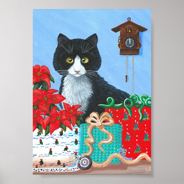 Weihnachtsgeschenk Tuxedo Cat Poinsettias Creation Poster (Vorne)