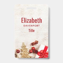 Weihnachtsgeschenkartikel auf einem rustikalen Hol Ausweis