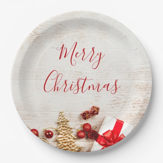 Weihnachtsgeschenkartikel auf einem rustikalen Hol Pappteller (Vorderseite)