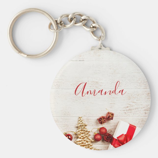 Weihnachtsgeschenkartikel auf einem rustikalen Hol Schlüsselanhänger (Vorne)