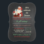 Weihnachtsgeschenkbörse Vintag Santa Chalkboard Einladung<br><div class="desc">Weihnachtsgeschenk-Austausch-Party, Vintager Weihnachtsmann mit Geschenk/Geschenk, Chalkboard-Stil, santa Roter Anzug/Hut/Weiß-Bart, Feier der Saison, Feiertagsvorlage, Rot/Grün/Beige Retro-Farben, festes/lustiges/einfaches Design, antike Illustration/Bild/digitale Collage, Vintag inspiriert/Stil/Look/Look/Look/Aussehen, vollständig anpassbare Textvorlage, grün/Weiß/Weiß/Weiß gestreift. Das Design des Party zum Austausch von Geschenken mit antiken Illustrationen des Weihnachtsmannes in rotem Anzug und den Worten "Feiern wir die Saison". Das...</div>
