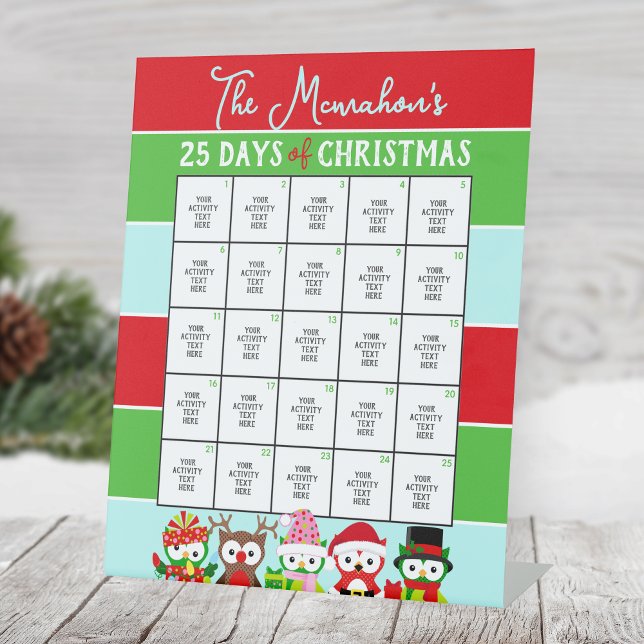 Weihnachtsgeschenke 25 Tage Weihnachtszeit Sockelschild (25 Days of Christmas Holiday Activity Pedestal Sign.Cute Owls Design, Other Designs Available)