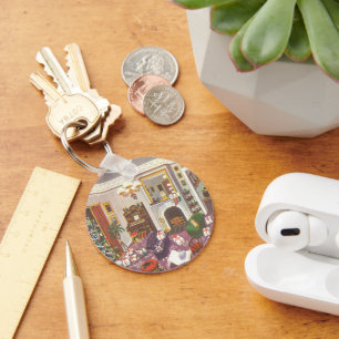 Weihnachtsgeschenke im Wohnzimmer verpacken Schlüsselanhänger