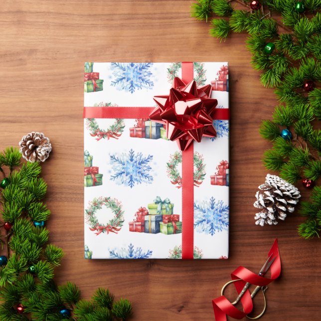 Weihnachtsgeschenke, Kränze und Schneeflocken Geschenkpapier (Feiertagsgeschenk)