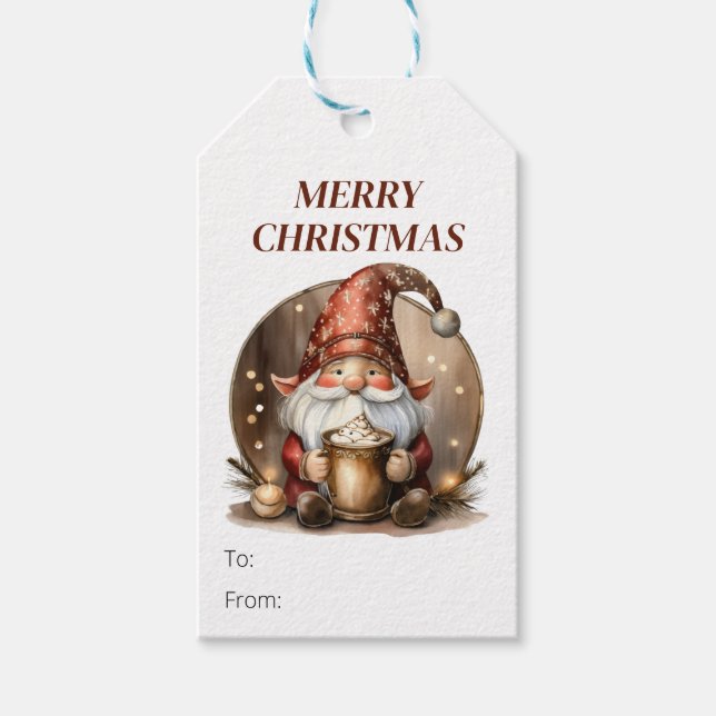Weihnachtsgeschenke mit Gnome mit heißem Kakao Geschenkanhänger (Vorderseite)