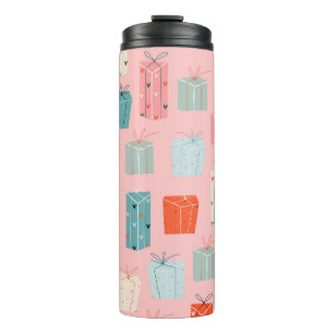 Weihnachtsgeschenke, rosa Hintergrund, Vintages Mu Thermosbecher