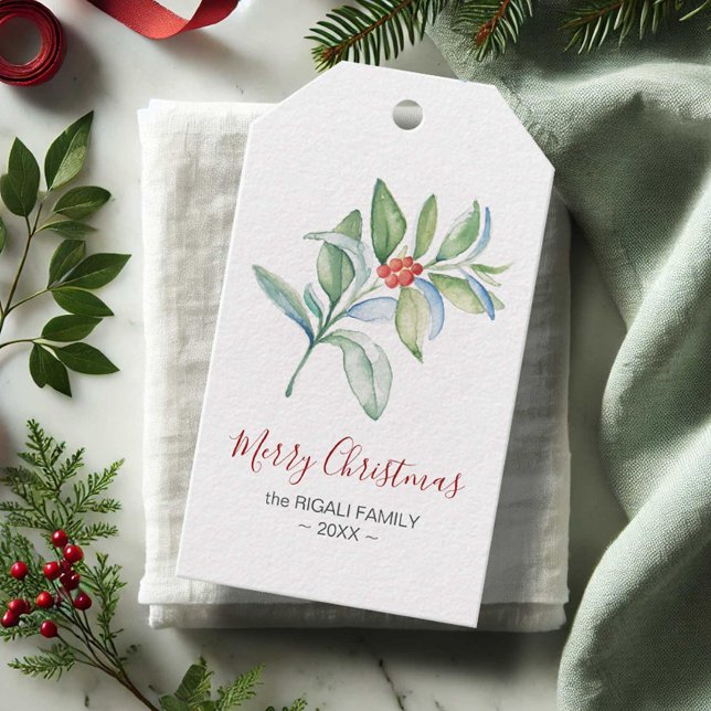Weihnachtsgeschenke Tags Elegante Einfache Wasserf Geschenkanhänger (Christmas tags watercolor botanical greenery art by Victoria Grigaliunas of Do Tell A Belle)