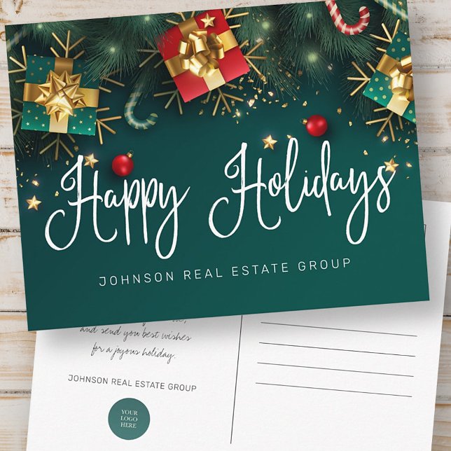 Weihnachtsgeschenke und Ornamente Happy Holidays Postkarte (Von Creator hochgeladen)