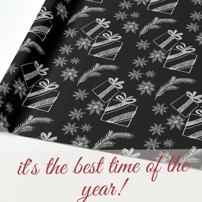 Weihnachtsgeschenke und Schnee in Schwarz und Weiß Geschenkpapier (Von Creator hochgeladen)