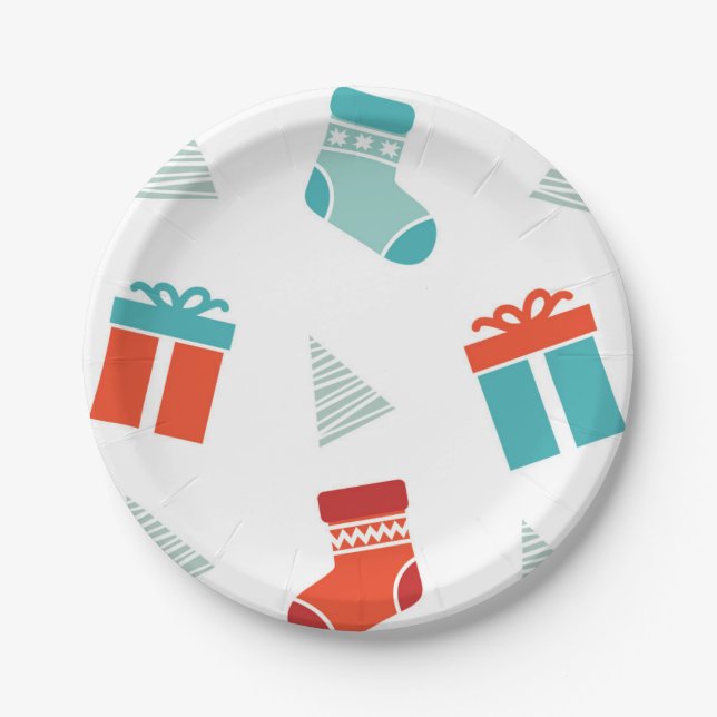 Weihnachtsgeschenke und Strumpf Pappteller (Vorderseite)