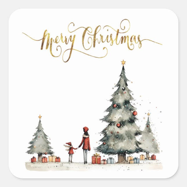 Weihnachtsgeschenke unter dem Baum Quadratischer Aufkleber (Vorderseite)