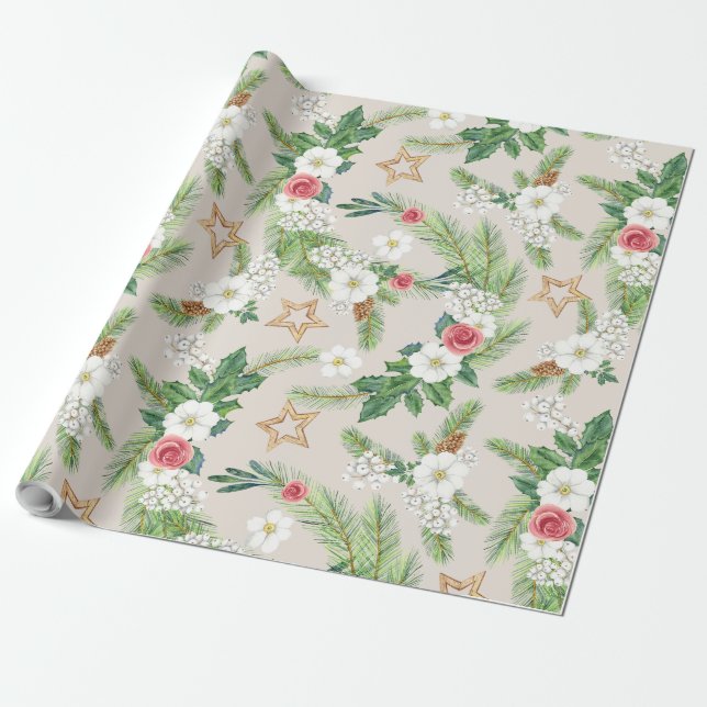 Weihnachtsgeschenke Wrap Creme Floral und Stars Geschenkpapier (Ungerollt)