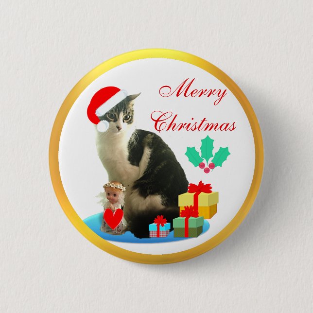 Weihnachtsgeschenkkatze, Engel & Geschenke Button (Vorderseite)