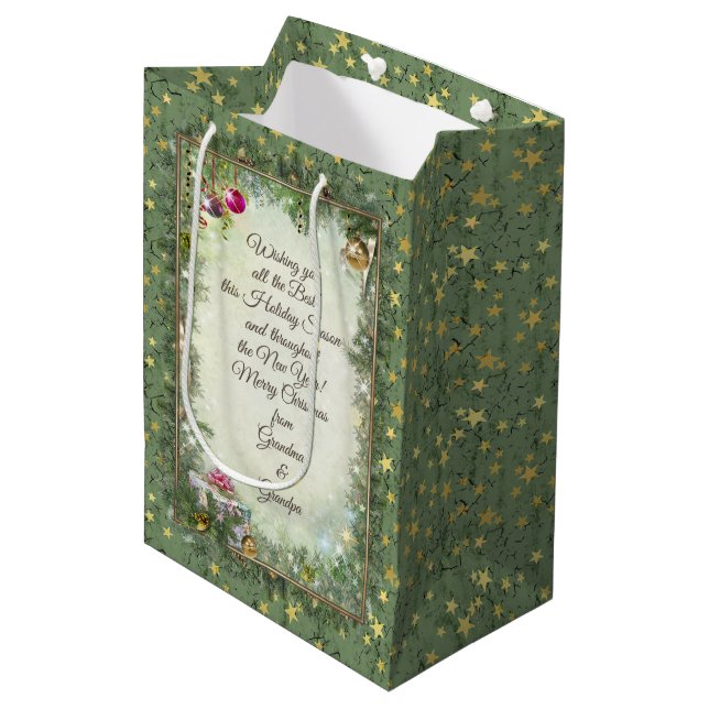 Weihnachtsgeschenktasche mit Ihrem Text Mittlere Geschenktüte (Vorderseite Schrägansicht)