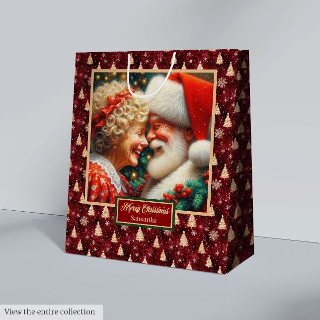 Weihnachtsgeschenktasche und Frau Claus Watercolor Mittlere Geschenktüte (Santa & Mrs Claus Watercolor Christmas Gift Bag)