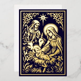 Weihnachtsgeschichte im Retro-Jugendstil-Holzschni Folien Feiertagskarte