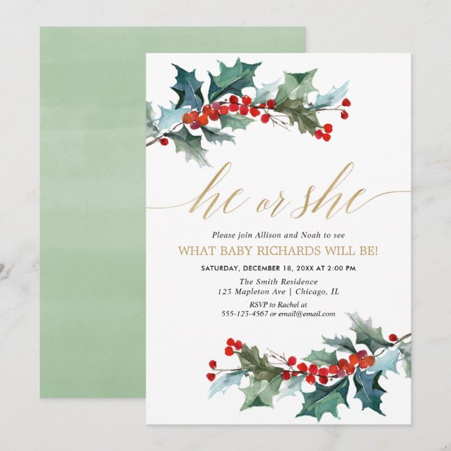 Weihnachtsgeschlecht enthüllt rote grüne goldene B Einladung (Vorne/Hinten)