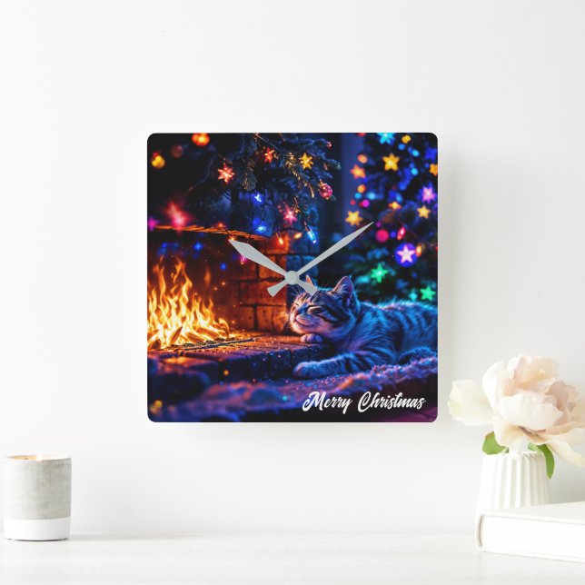 Weihnachtsgeschoss schlafende Katze warme Dekorati Quadratische Wanduhr (Zuhause)
