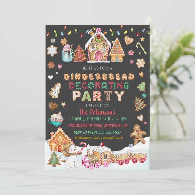 Weihnachtsgingerbrot Dekorieren Party Einladung (Stehend Vorderseite)